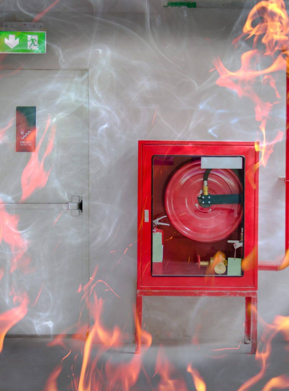Fire exit door and fire extinguish equipment with flame