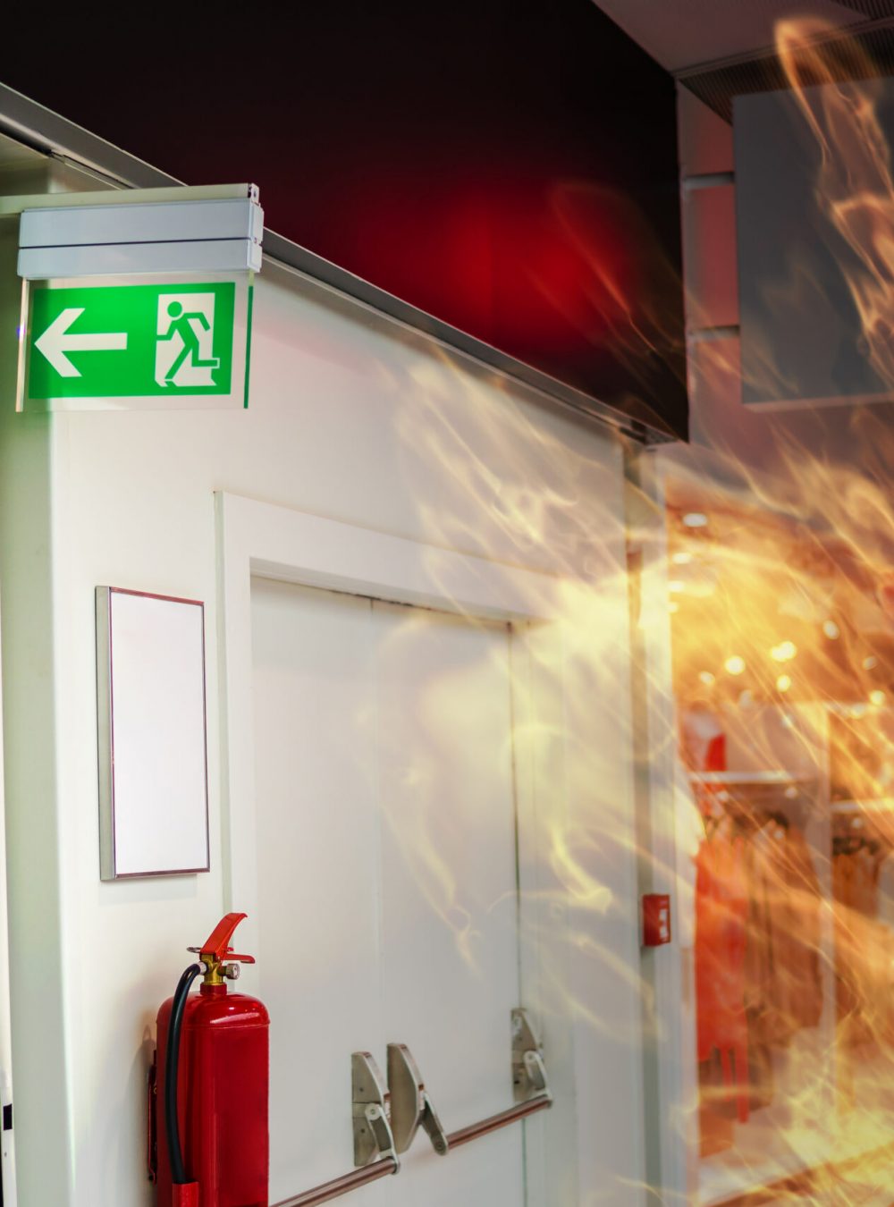 Emergency fire exit sign and fire in shopping mall.